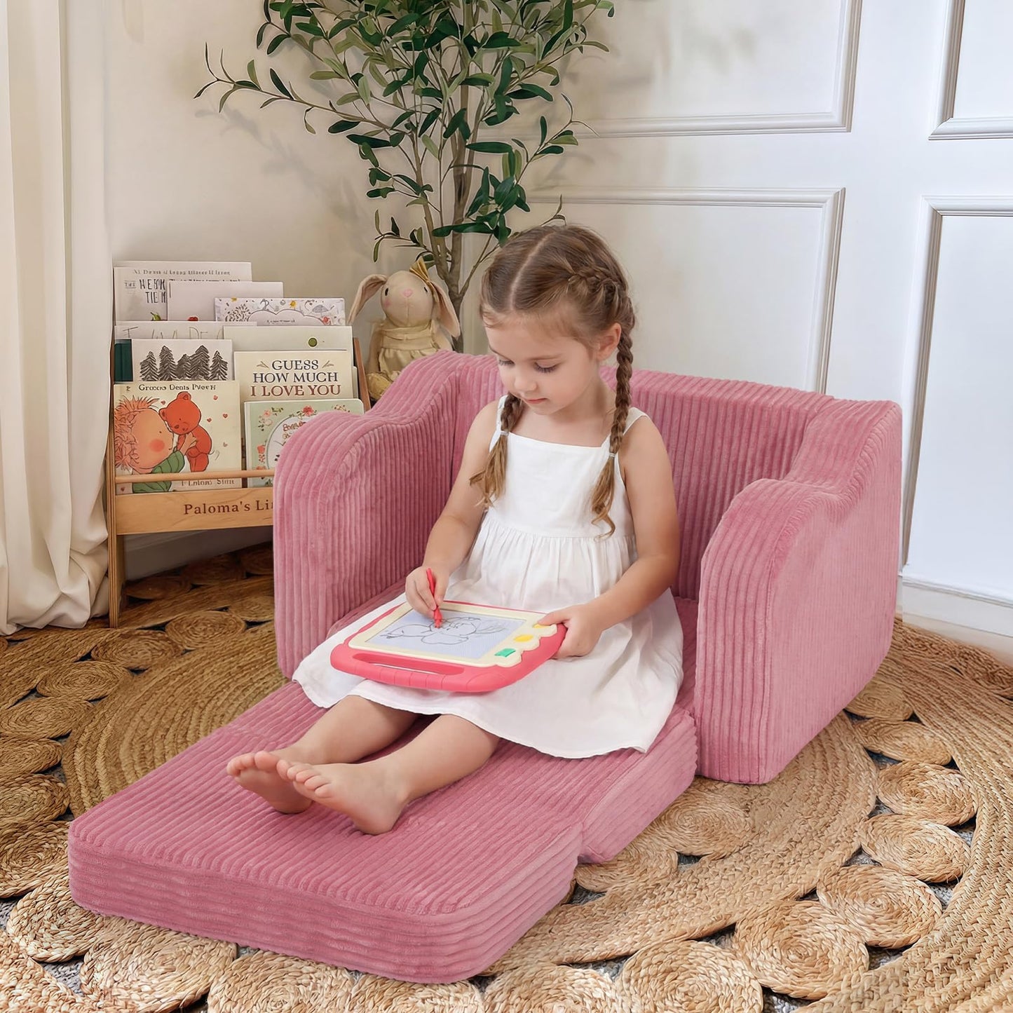 MeMoreCool Corduroy Pink Kids Chair, 2-in-1 Kids Couch Fold Out to Lounger for Girls, Comfy Foam Sofa for 1-3 Year Old with Washable Cover for Playroom and Bedroom