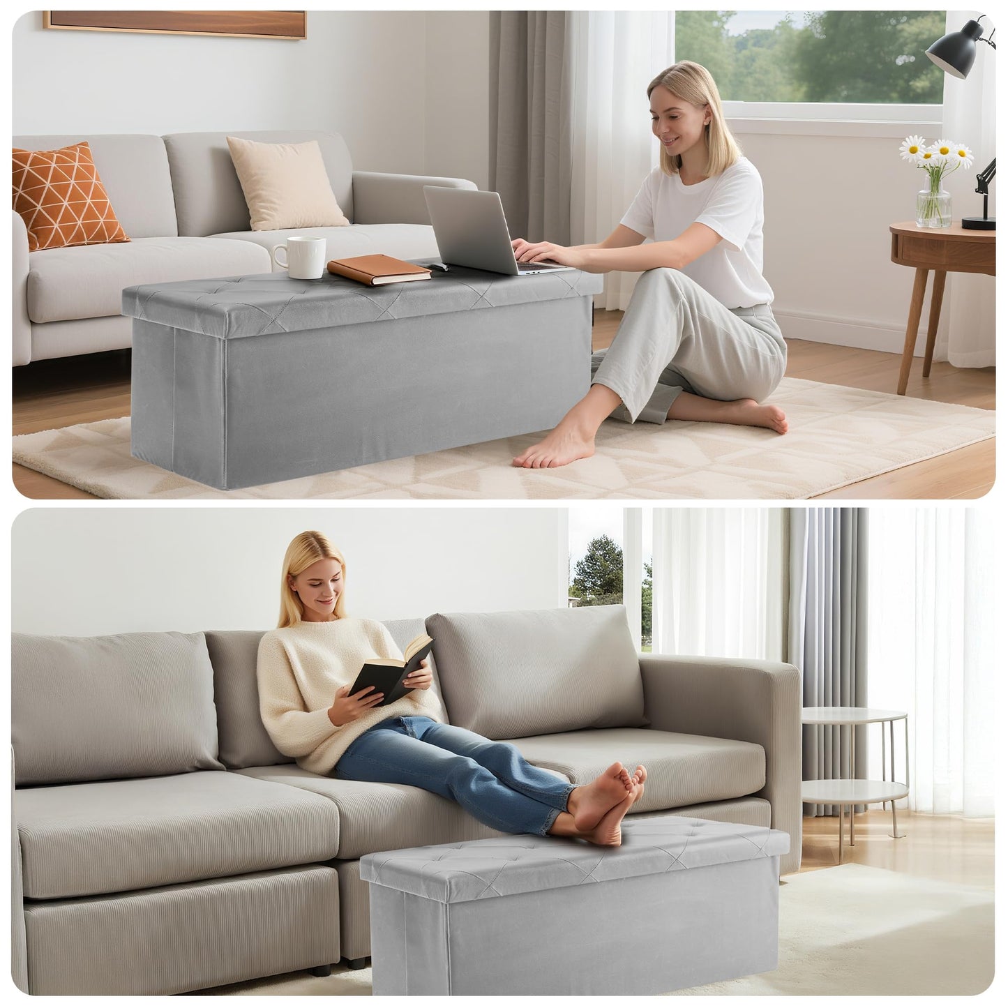 DUMOS 43 Inches Folding Ottoman with Storage Bench, Foot Rest Stool, End of Bed Storage Bench Upholstered, Load 660 lbs, for Living Room, Synthetic Leather, Grey