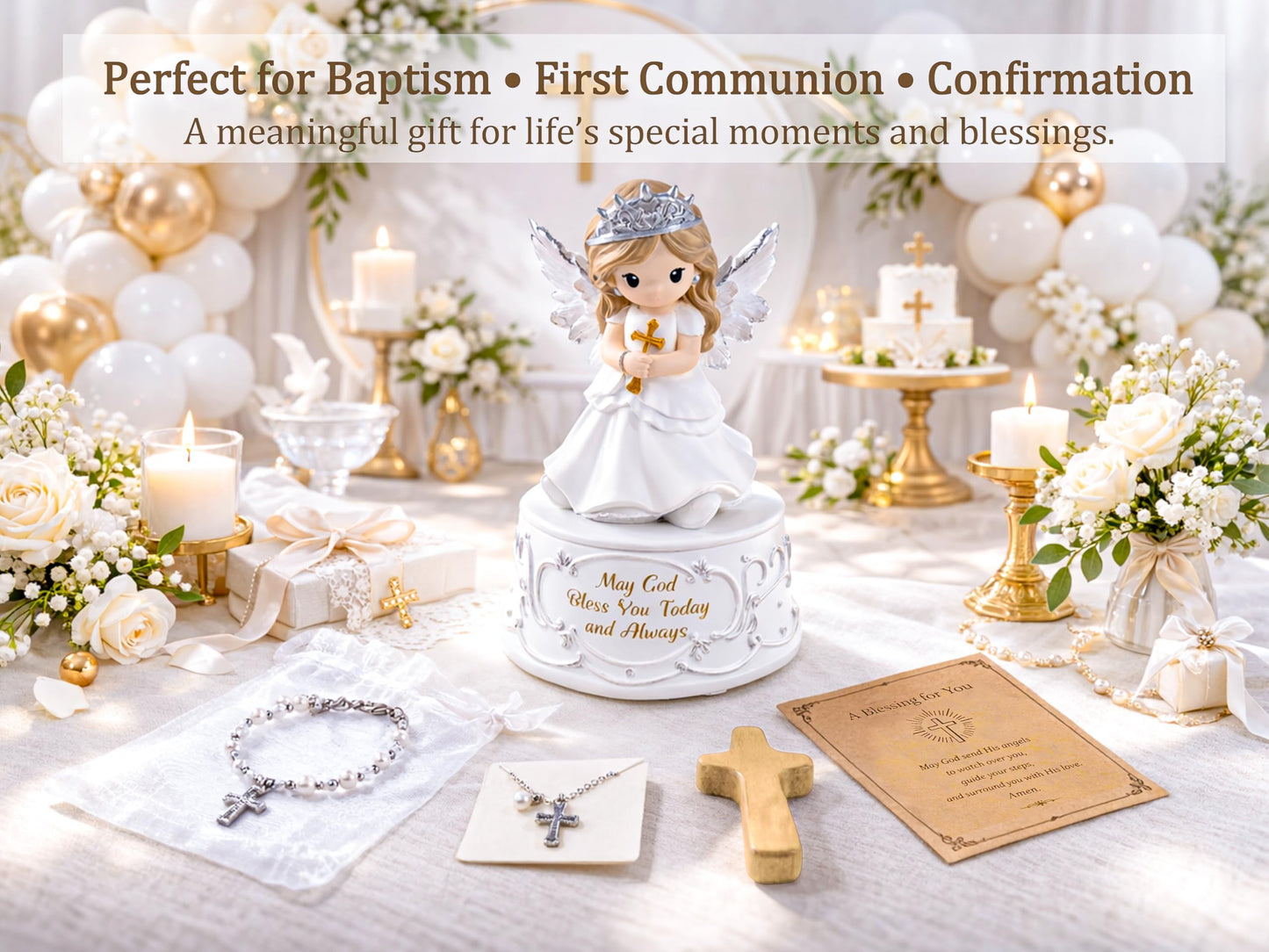 Gleemoria First Communion Gifts for Girls – Baptism & Confirmation Gifts for Teen Girls, Angel Figurine with Keepsake Box, Cross Necklace for Girls & Adjustable Bracelet & Wood Cross