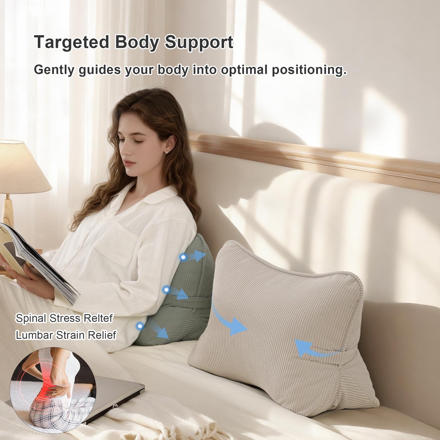 Ailuteie Pat. Pend. Corduroy Lumbar Support Back Pillow for Watching TV, Reading & Gaming, Ergonomic Triangle Support Cushion for Sofa, Armchair & Bed Sitting, Removable Washable Cover, Beige Gray