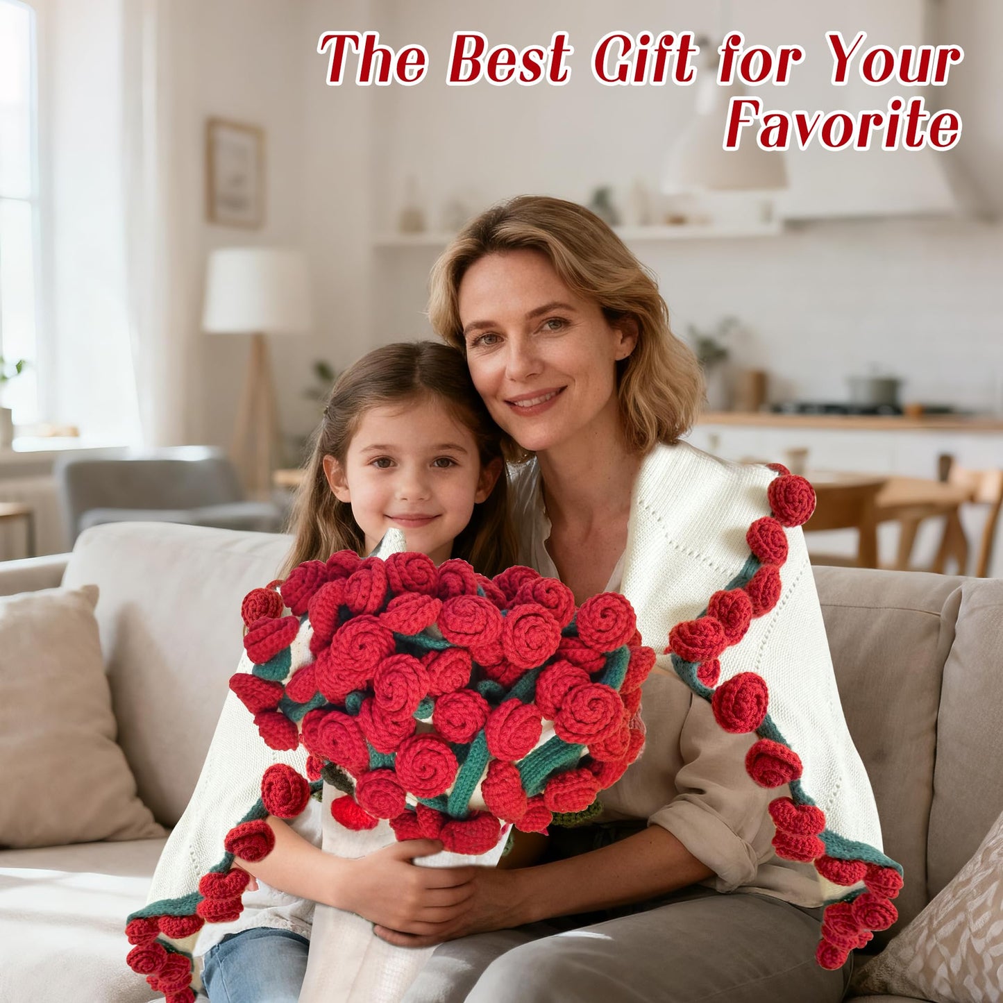 Finished Flower Bouquet Blanket, Handmade Crochet Flower Blanket, Soft Knitted Throw Rose Blankets, Romantic Gift for Birthday Wedding Valentine’s Day Mother's Day Christmas (Rose, 59 inch)
