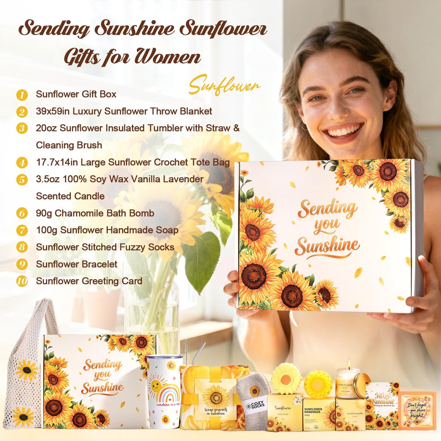 Sunflower Gifts Tote Bag Gift Set for Womens Self Care Gift - Birthday Gifts Box for Women Mom Wife Sister Daughter Friend Coworker, Sunflower Gifts Basket Sunshine Box Care Package for Women Her