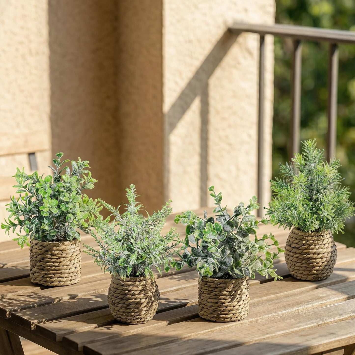 Treory Small Fake Potted Plants: 9 Inches Artificial Plants with Seagrass Handwoven Planters, Indoor Farmhouse Decorations, Eucalyptus Plant for Home Bathroom Office Shelf Tabletop Desk Room Decor