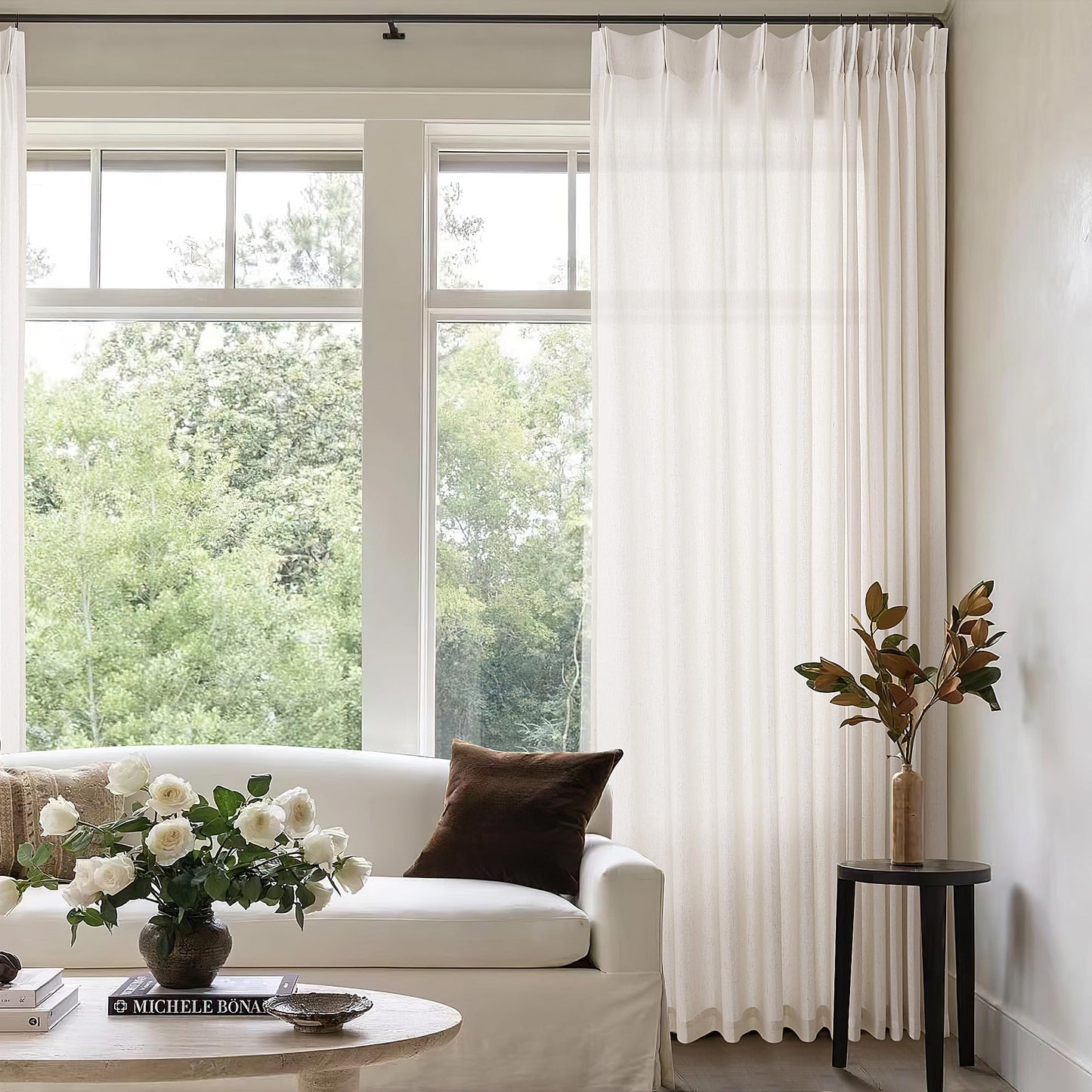 Pinch Pleated Extra Wide Linen Curtains 84 Inches Long for Patio Sliding Glass Door Cream Ivory 72 Inch Wide Pleated Drapes with Hooks Rings Neutral Natural Semi Sheer 72x84 Curtain for Living Room