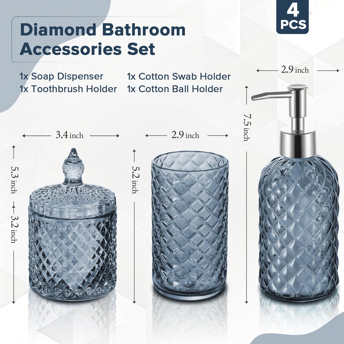 RYTOXILO Blue Bathroom Accessories Set, 4 Pack Light Blue Bathroom Decor Accessory Sets Complete, Diamond Glass Soap Dispenser and Toothbrush Holder Set for Bath Counter Organizer Essentials