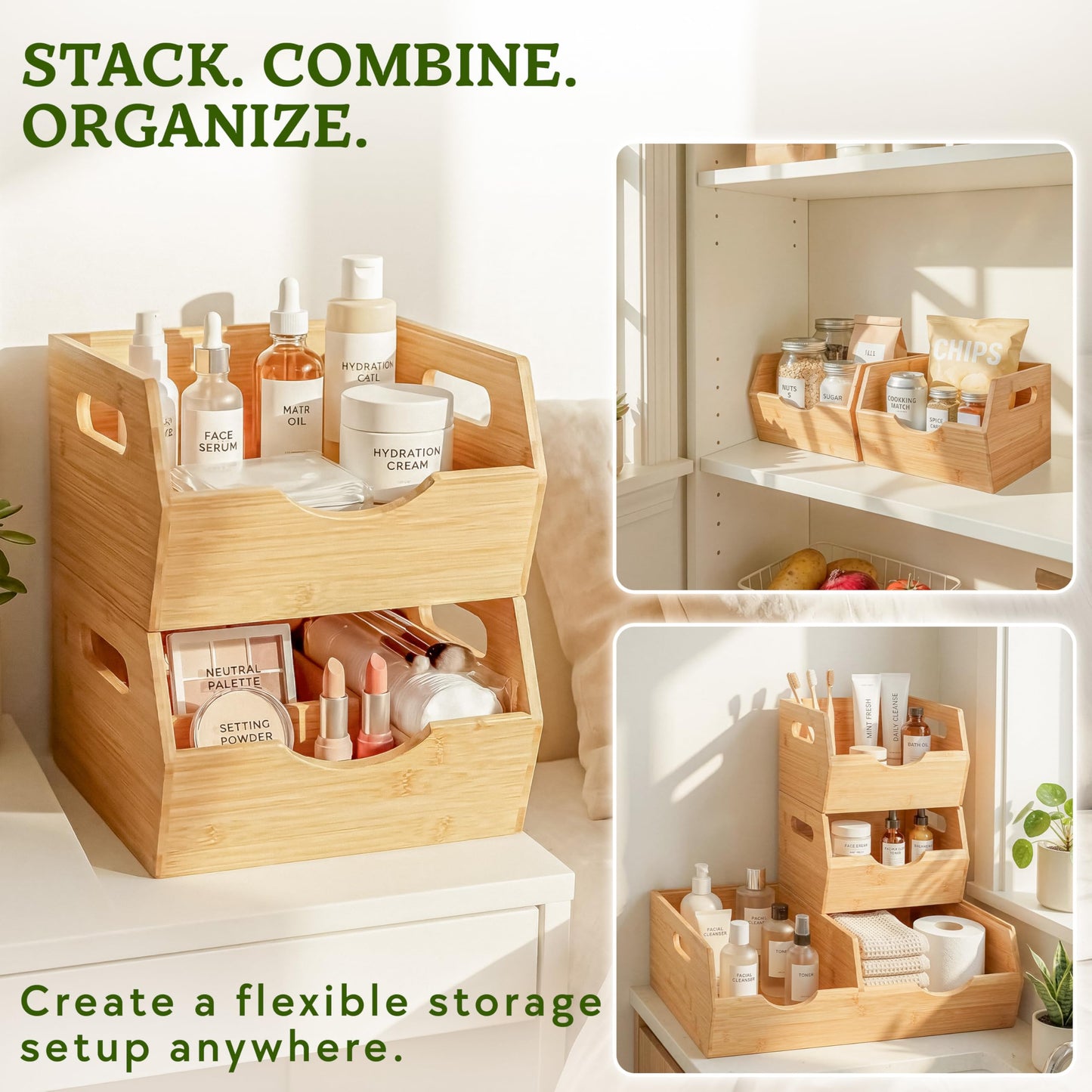 HOMESTEAD Extra Large Bamboo Pantry Storage Bins – 30% Larger, Stackable Potato Onion Storage Bin, Large Pantry Organizers and Storage, Produce Vegetable Organizer, Set of 3