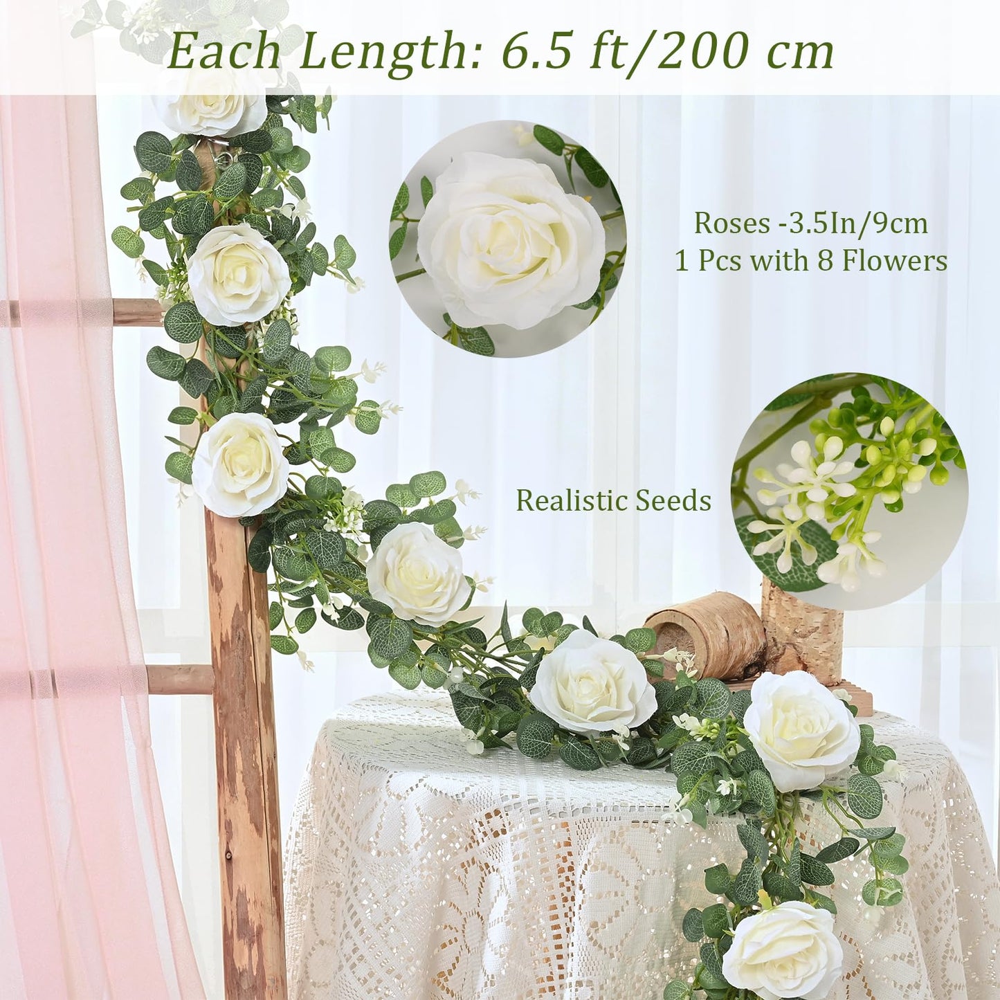 Dolicer 4Pcs 26Ft Artificial Eucalyptus Garlands with Flowers - 8 Roses, Faux Floral Greenery Garlands Fake Flowers Vines for Wedding Table Centerpieces Arch Party Ceremony Backdrop Decor (White)