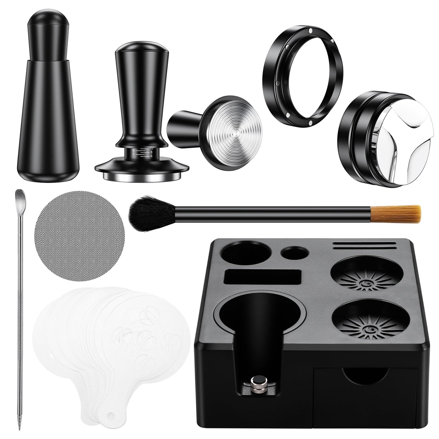 9 Pack Espresso Accessories Kit（Square）,54mm Espresso Tool Kit | Espresso Tamping Station | Coffee Distributor Tamper | WDT Tool | Dosing Funnel | Mother's Day Gift for Espresso Lovers