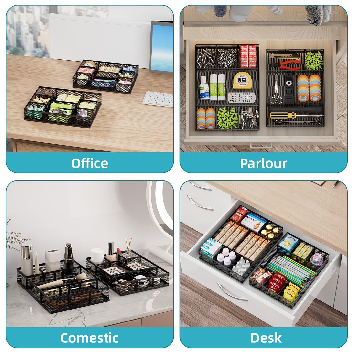 Marbrasse 2 Pack Desk Drawer Organizer, Mesh Drawer Organizer Tray with 8 Adjustable Compartments, Desk Organizers and Accessories, 5 Dividers Drawer for Office Supplies, Makeup & Vanity (Black-2P)