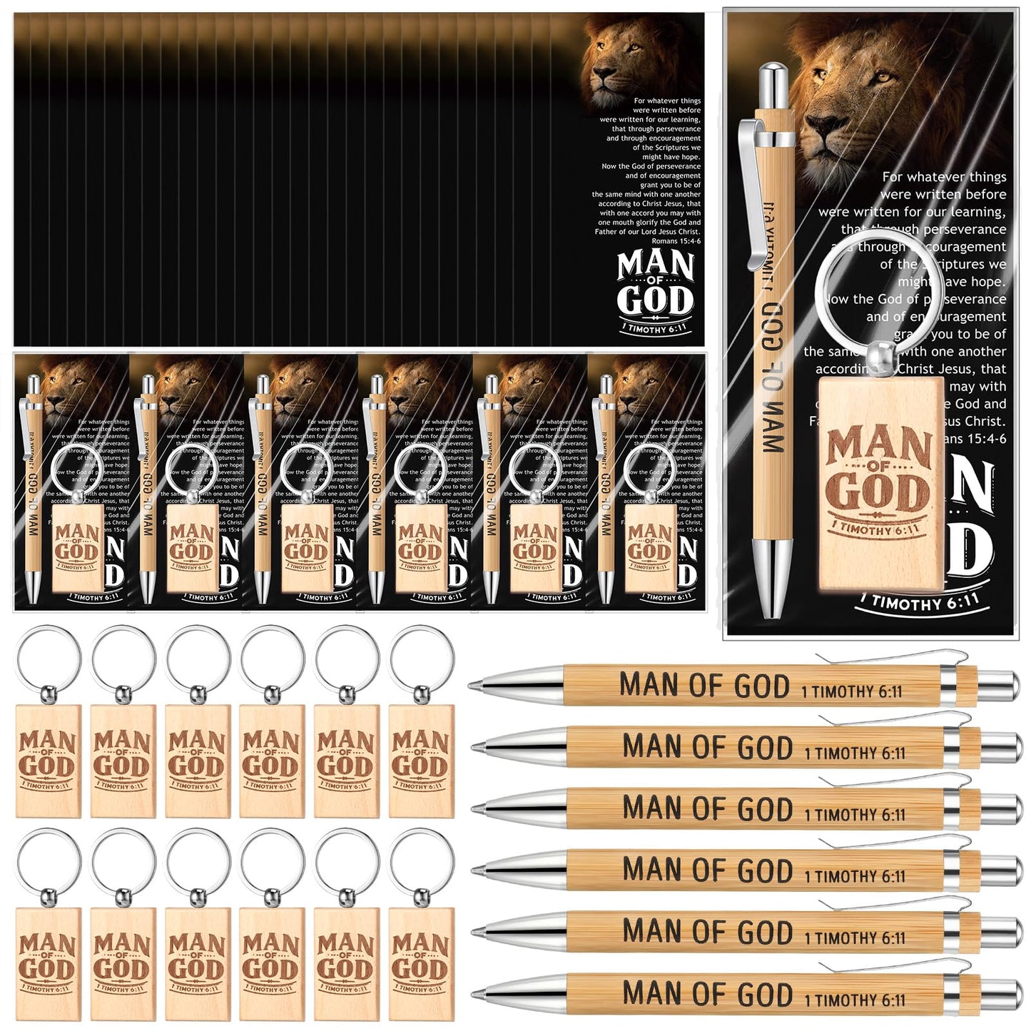 Landical 40 Sets Father Day Man of God Gifts for Men Christian Baptism Gifts, 40 God Keychains 40 Bible Verse Ballpoint Pens 40 Cards Pastor Appreciation Favors for Church Father's Day Supplies