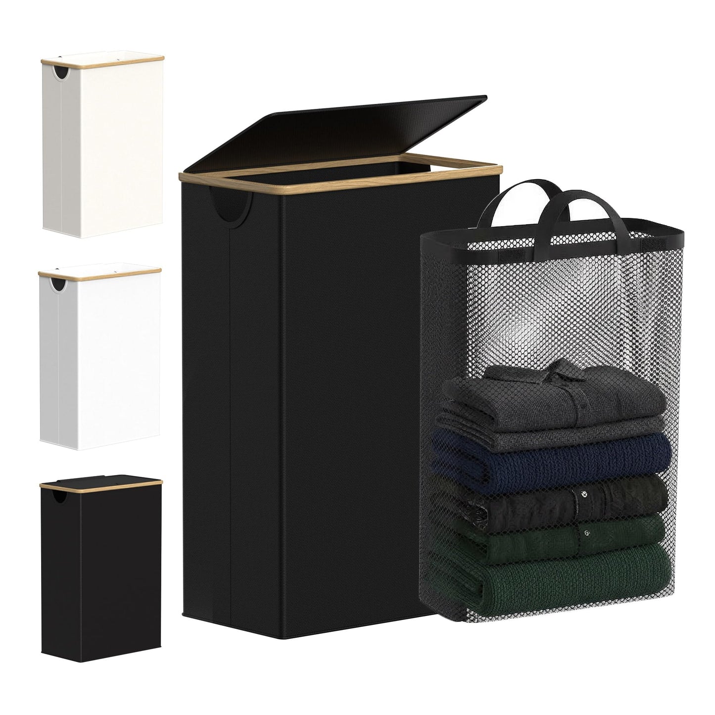 efluky Slim Laundry Basket with Lid, Narrow Laundry Hamper with Removable Bag, Skinny Dirty Clothes Basket with Bamboo Handles for Bathroom, Bedroom & Laundry Room, 75L Black