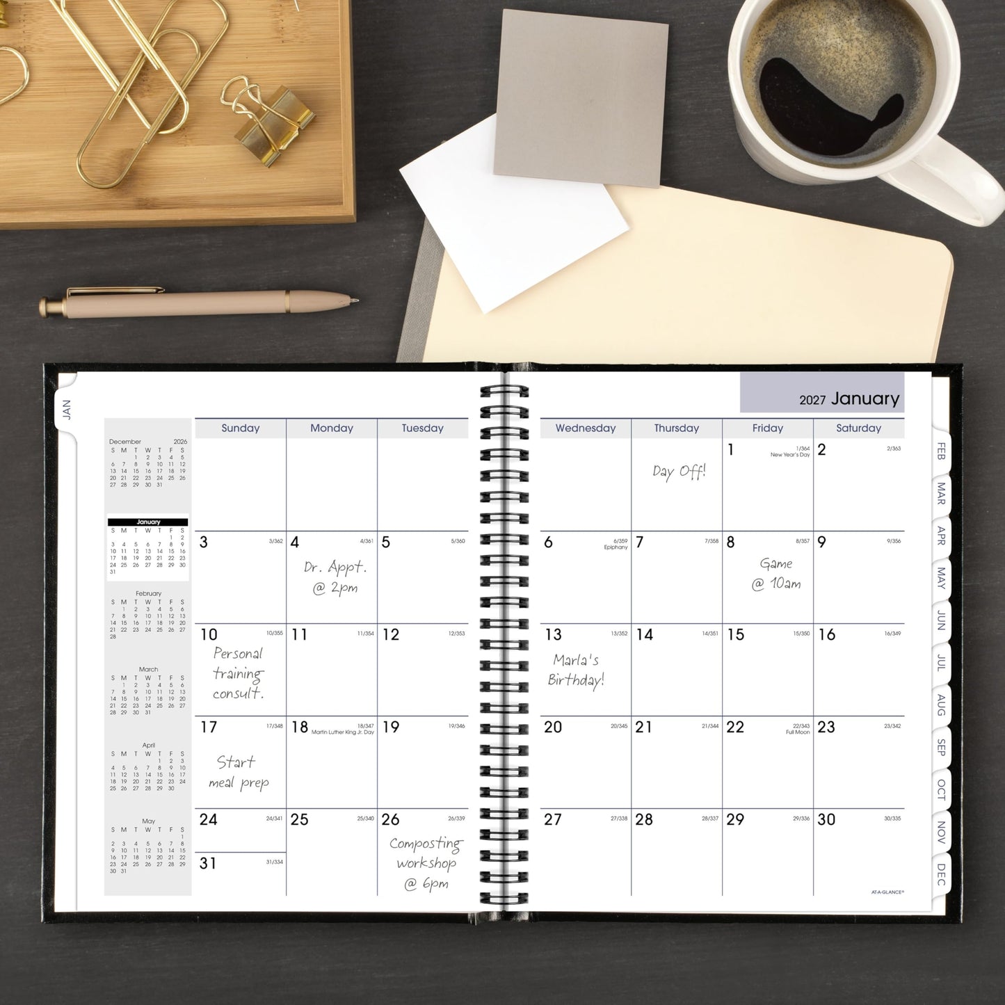 AT-A-GLANCE 2027 Planner, Monthly, 7" x 8.5", Tabbed, Unruled Daily Blocks, Hardcover, DayMinder, Black (G400H0027)