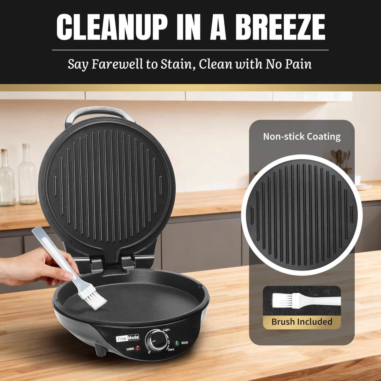 FineMade Electric Griddle Nonstick, Multi-Funtional Quesadilla Maker 10 Inch, Electric Grill Indoor, Pancake Griddle & Pan, Smokeless Indoor Grill, Non-stick Surface, Black