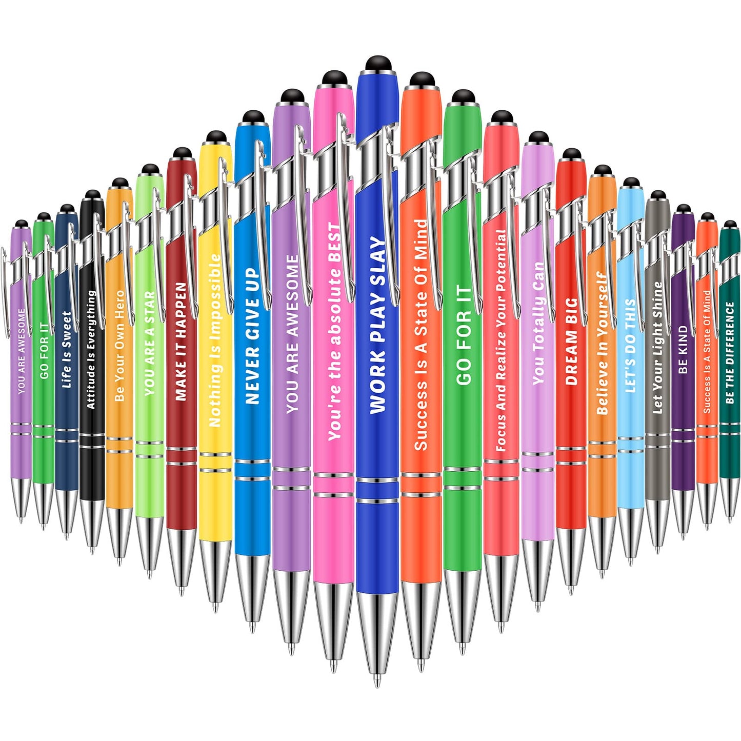 Lounsweer 100 Pieces Inspirational Ballpoint Pens with Motivational Messages, 20 Colors, 1mm Black Ink, Stylus Tip, Fun and Encouraging Gifts for Teachers, Students, Office and School Supplies