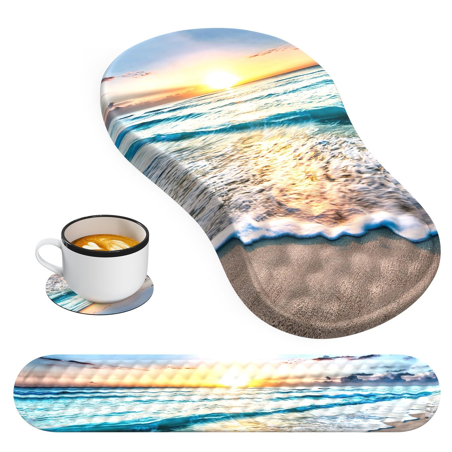 HAOCOO Ergonomic Mouse Pad with Wrist Rest and Keyboard Wrist Rest Pad, Wrist Rest for Computer Keyboard and Mouse Pad Cushion Set, Typing Mousepad with Wrist Support for Office Laptop, Beach