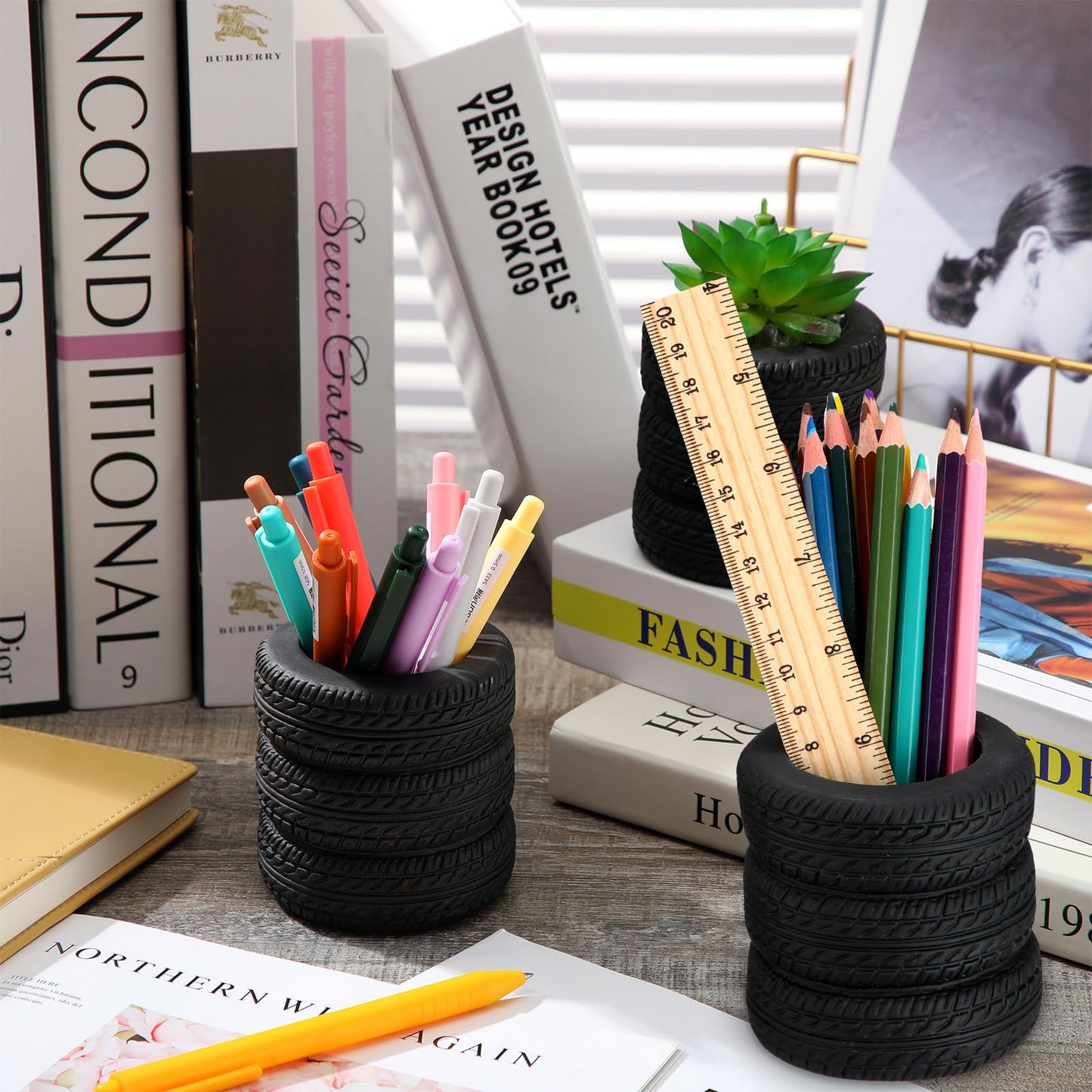 Crtiin 12 Pcs Operation Christmas Box Items Bulk Tire Shaped Pen Holder Car Tire Pencil Holder Stack Stationery Accessories for Desk Office Decor Gift Funny Cactus Succulent Planter