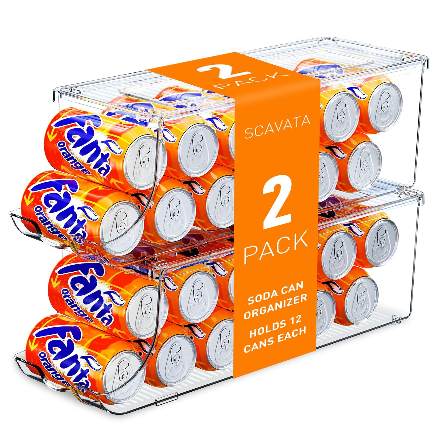 SCAVATA 2 Pack Soda Can Organizer for Refrigerator, Stackable Canned Food Pop Cans Container Can Holder Dispenser with Lid for Fridge Rack Freezer, Clear Storage Bins-Holds 12 Cans Each (Clear)