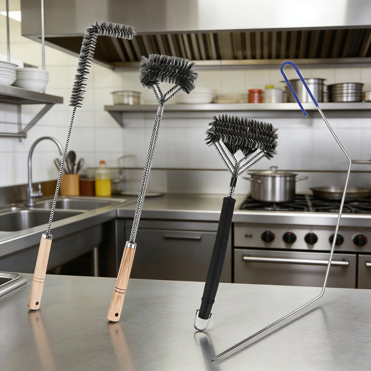 4-Piece Professional Deep Fryer Cleaning Kit - Commercial Stainless Steel Set with Dual-Layer Basket Brush, 3-in-1 Grill Scraper, L-Shape Brush & Drain Wand