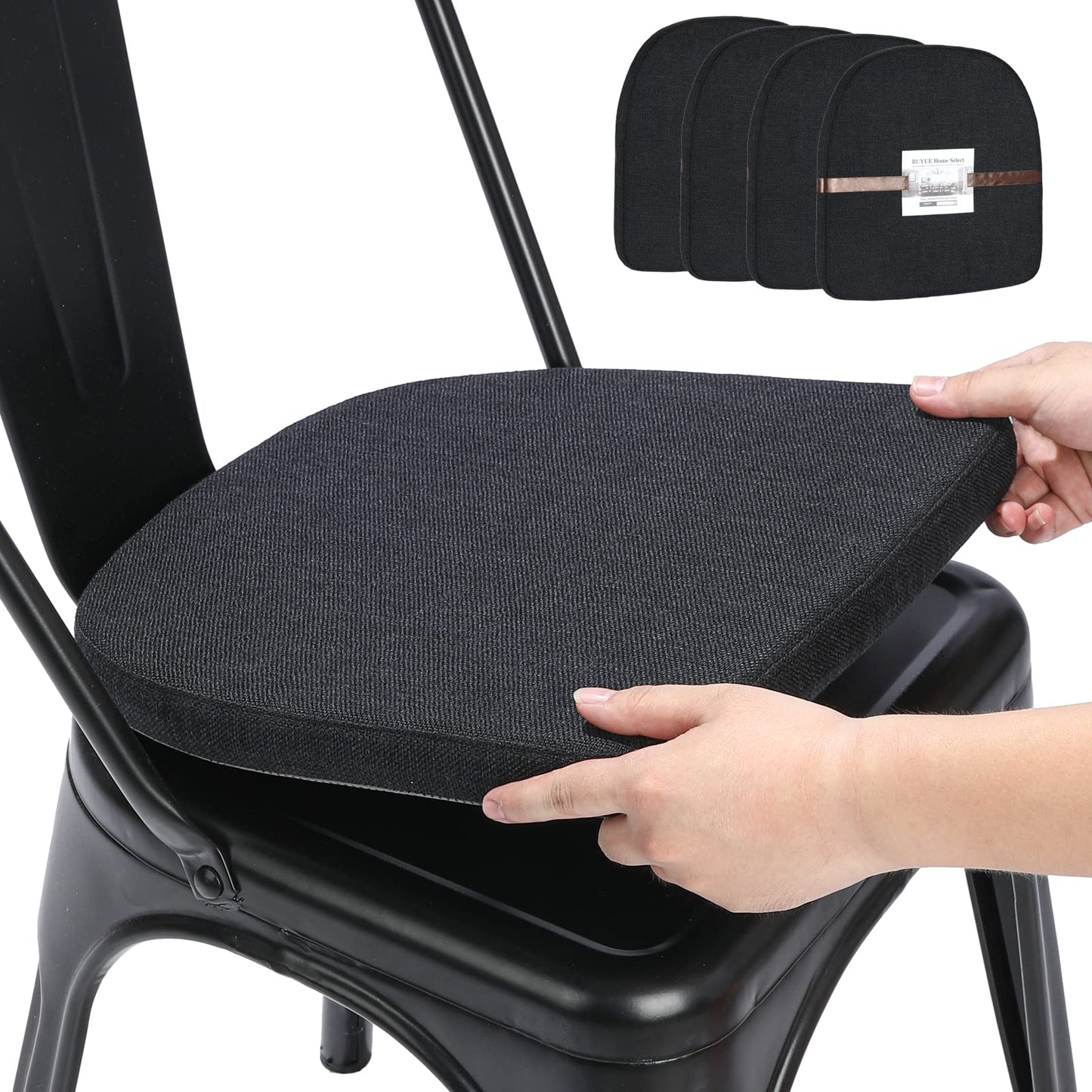 BUYUE Friendly Woven Fabric 14x14 Magnetic Cushions for Metal Chair Set of 4, Enhanced Anti-Slip Seat Pads for Dining Kitchen Café Stackable Chairs (U-Shape, Black, 4 Counts)