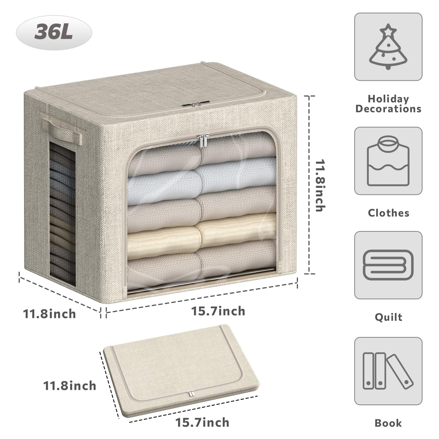 Chizjox 4 Pack Clothes Storage Bins with Metal Frame - 36L Stackable Storage Box with Lid，Foldable Storage Container Organizer for Clothes，Linen Fabric Storage Box with Clear Window＆Zippers＆Handles