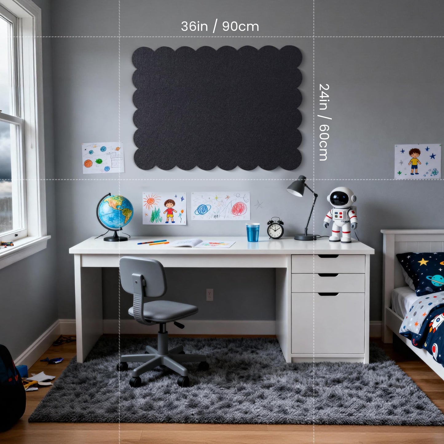 Lightomorrow Scalloped Bulletin Board, 36 x 24 Inches Felt Pin Board - Decorative Cork Alternative for Wall, 3' x 2' Foldable Picture Self-Adhesive Vision Prayer Board with 20 Pushpins - Black