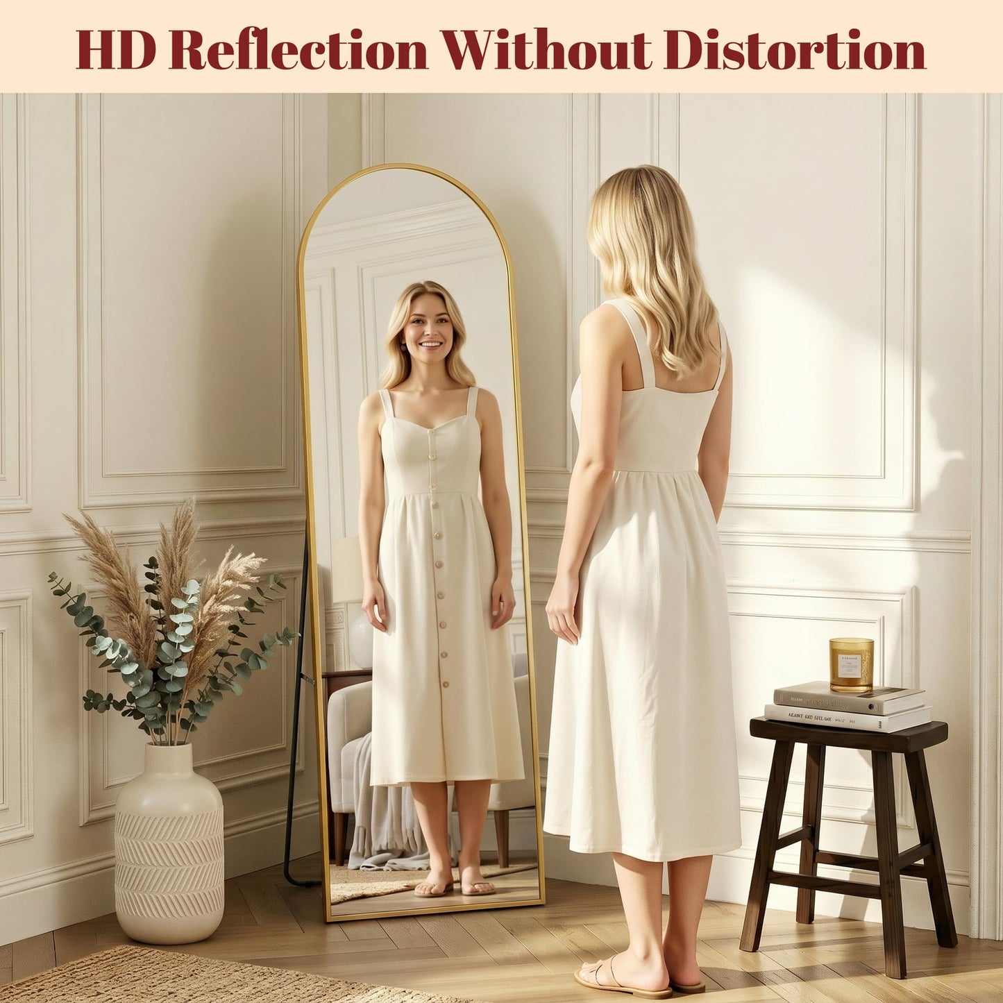 Suidia 56"x14" Arched Full Length Mirror with Stand, Full Body Mirror with Aluminum Frame, Freestanding/Leaning/Wall-Mounted, Floor Mirrors for Bedroom, Living Room, Entryway, Dressing Room, Gold