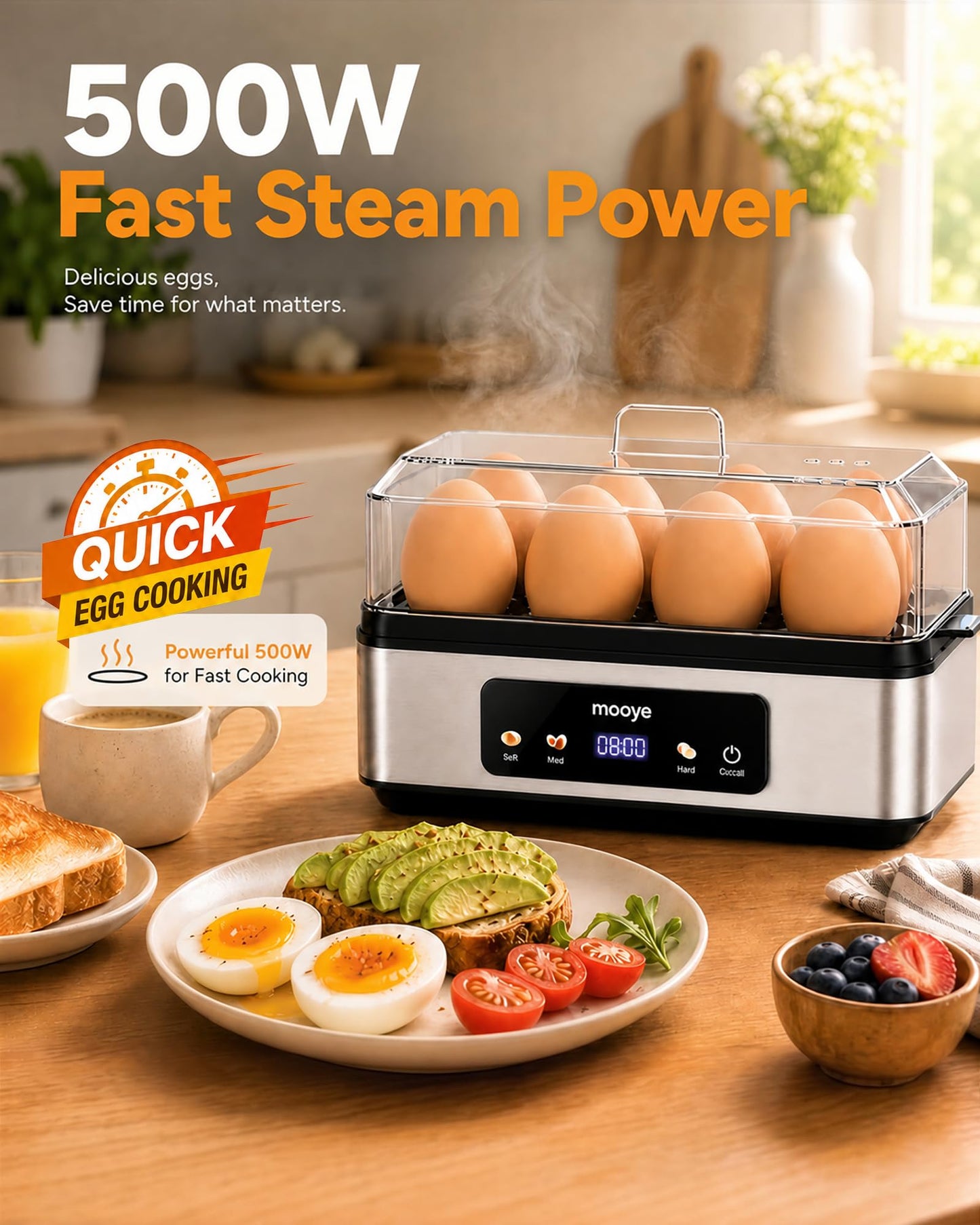 Mooye Rapid Egg Cooker for Hard Boiled Eggs, Electric Egg Steamer 3 IN 1 Soft Medium Hard Boiled, Egg Maker with Auto Shut-Off, Egg Boiler for Kitchen Breakfast & Fitness, BPA-Free, Holds 8 Eggs