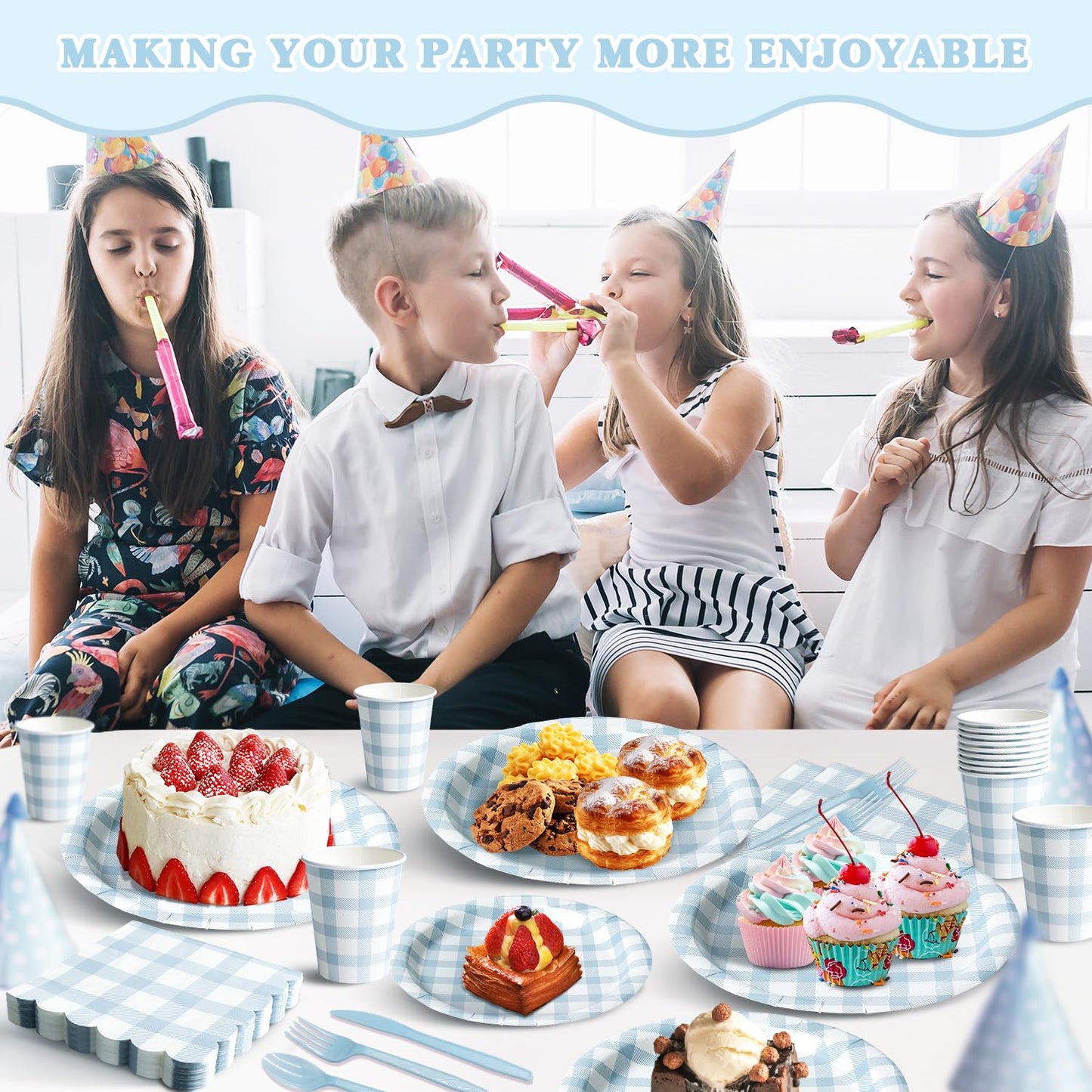 Vyntra 350 Pcs Blue Gingham Paper Plates and Napkins Set for 50, 9" Dinner Plates & 7" Dessert Plate, Baby Boy Shower Birthday Party