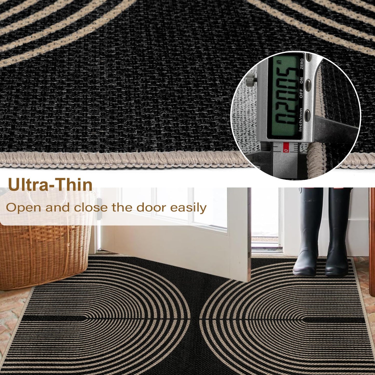 Rugalia Easy Jute Rainbow Runner Rug, 2.6x8 Black Washable Rugs Runner for Hallway Non-Slip Boho Farmhouse Kitchen Runner Rug, Modern Abstract Indoor Outdoor Carpet for Porch Laundry Entryway