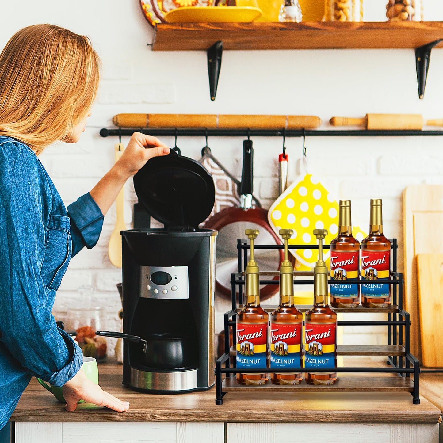 Klxuyuo 4-Tier Coffee Syrup Rack for 20 Bottles (750ml)–Sturdy Coffee Syrup Organizer Holder for Kitchen, Café, Office
