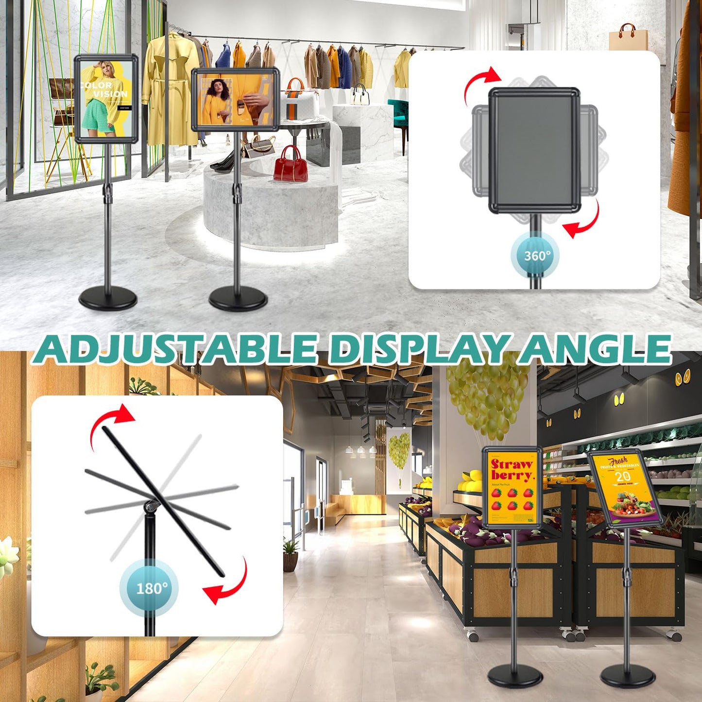 Sign Holder Stand with Rounded Safety Corners, Adjustable 31" to 52" Sign Stand Heavy Duty Floor Standing Poster Holder, Water/Sand Fillable Base for Storefront & Indoor Use, Anti-Glare Display for Signs (Black, 8.5*11 - 1 Pack)