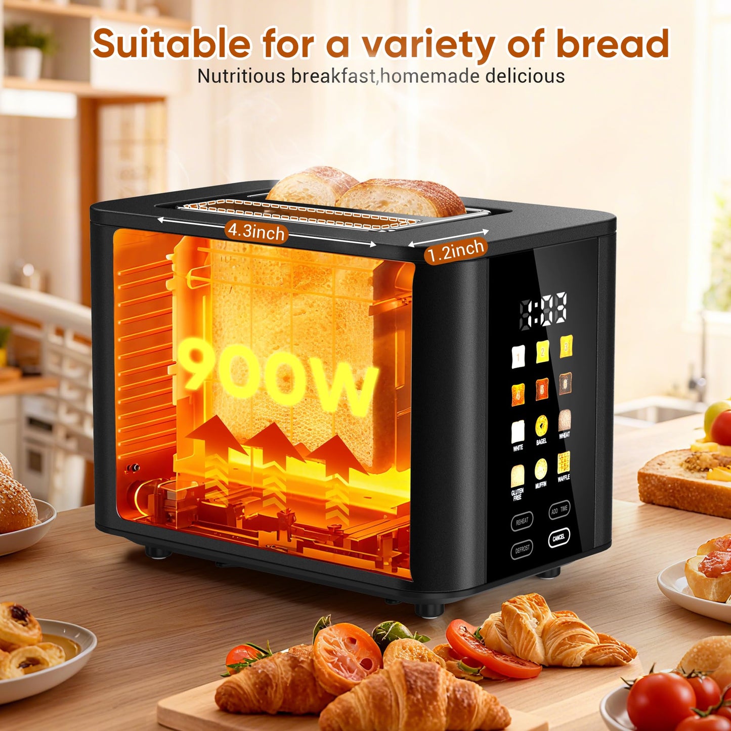Touch Screen Toaster 2 Slice Black Toaster with Digital Countdown Wide Slot LCD Display 2 Slice Toasters Smart Toasters 6 Shade Settings 6 Bread Type with Reheat/Add Time/Defrost/Cancel Function