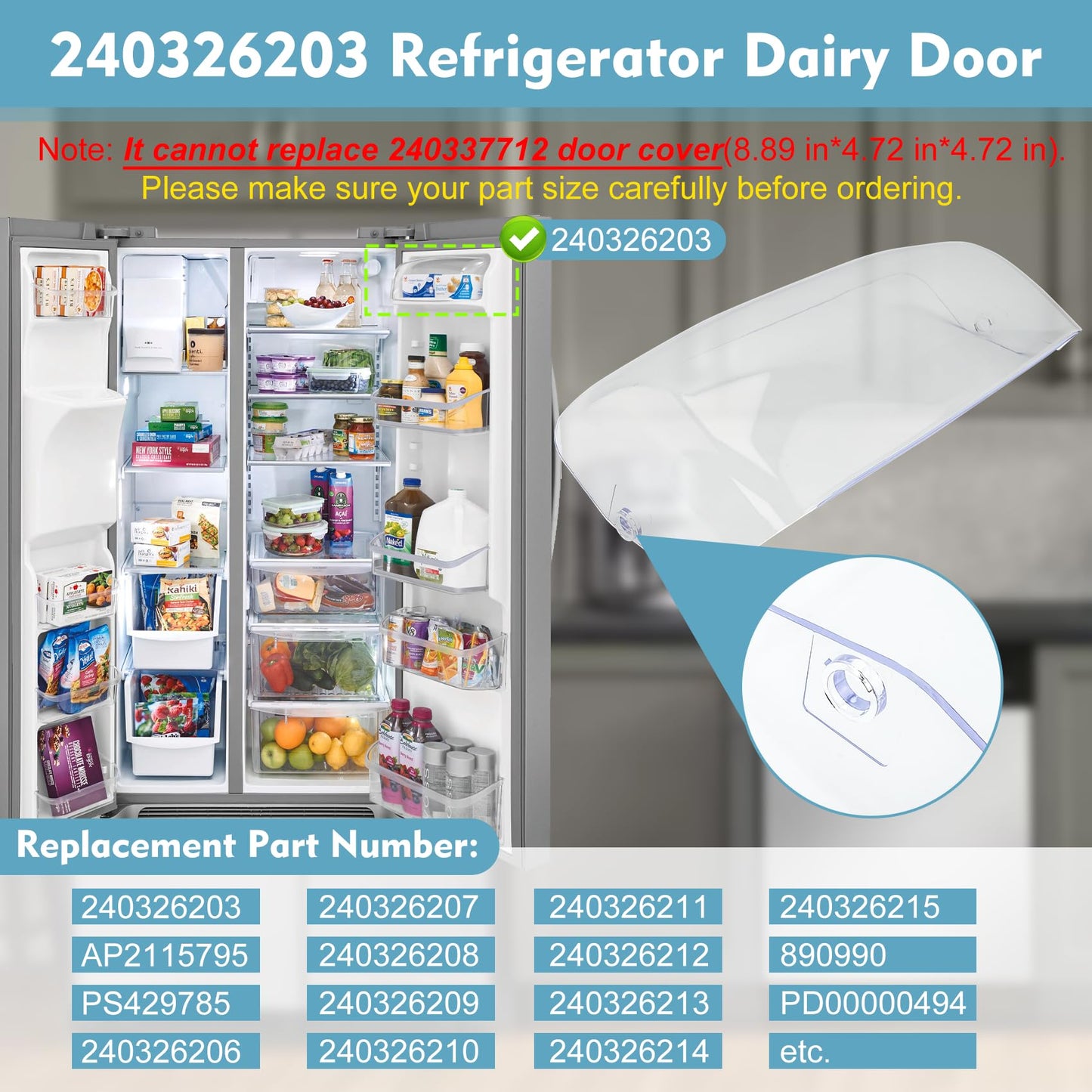 240326203 Refrigerator Dairy Door Compatible with frigidaire: DGHS2644KF3, DGHX2655TFC, FFHS2611LBB, FFHS2611LW8 etc. Replace Dairy Bin Cover AP2115795, PS429785, 240326206 etc.