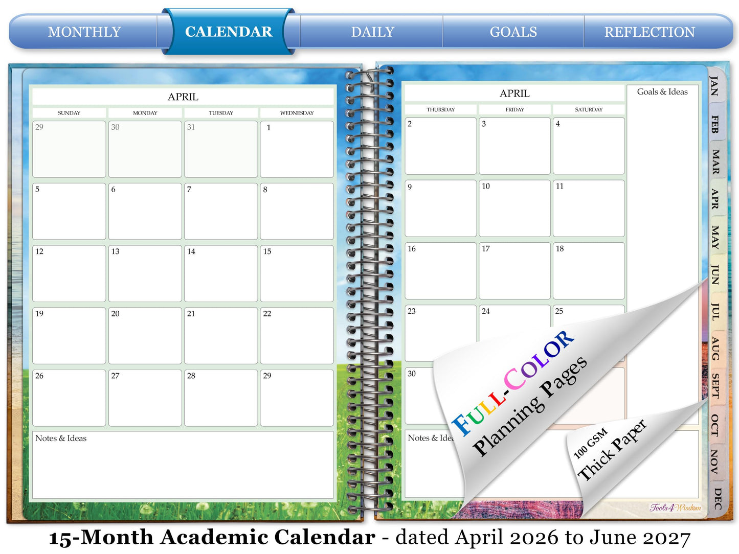 Tools4Wisdom Planner 2026-2027 - Dated April 2026-2027 June - Weekly Monthly Daily Academic Year Calendar with Stickers, Tabs, Pocket & Thick Paper - Spiral Bound 8.5x11 Hardcover - A6J7 - Think Positive