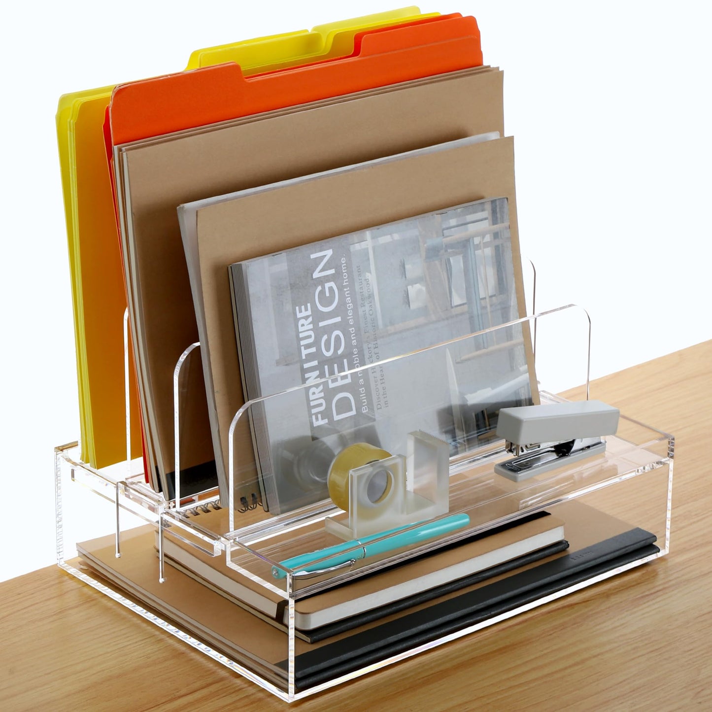 DINGHUO Acrylic Desk Organizers and Accessories, Paper Letter Tray Organizer with 3 Vertical File Holder, Clear File Organizer for Desk Home Office Supplies -1 Pack