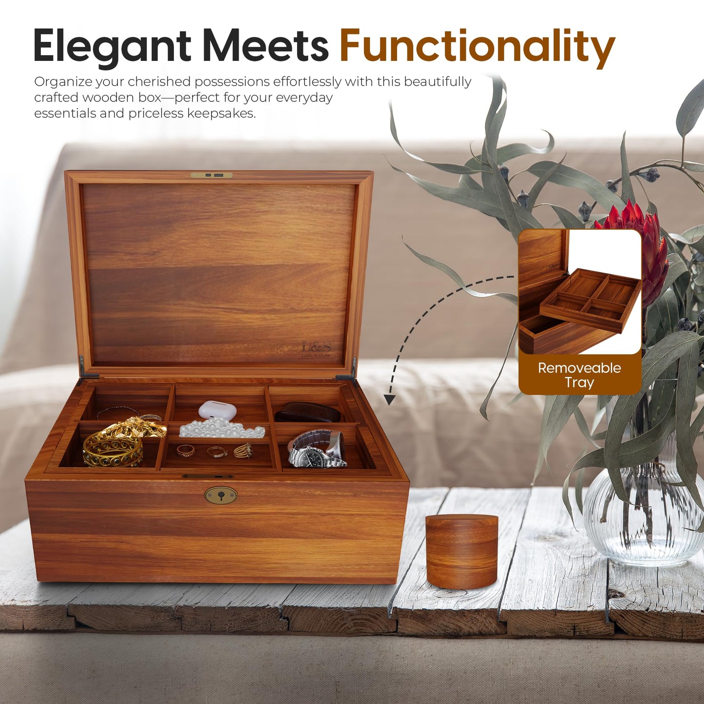 LUSH & STYLE Acacia Wooden Box, Keepsake With Hinged lid and locking keys, Decorative, Memory, Wooden Storage Boxes, Customizable With Adjustable Tray,keepsake trunk (Divider Model) Large 11x9x5 Inch