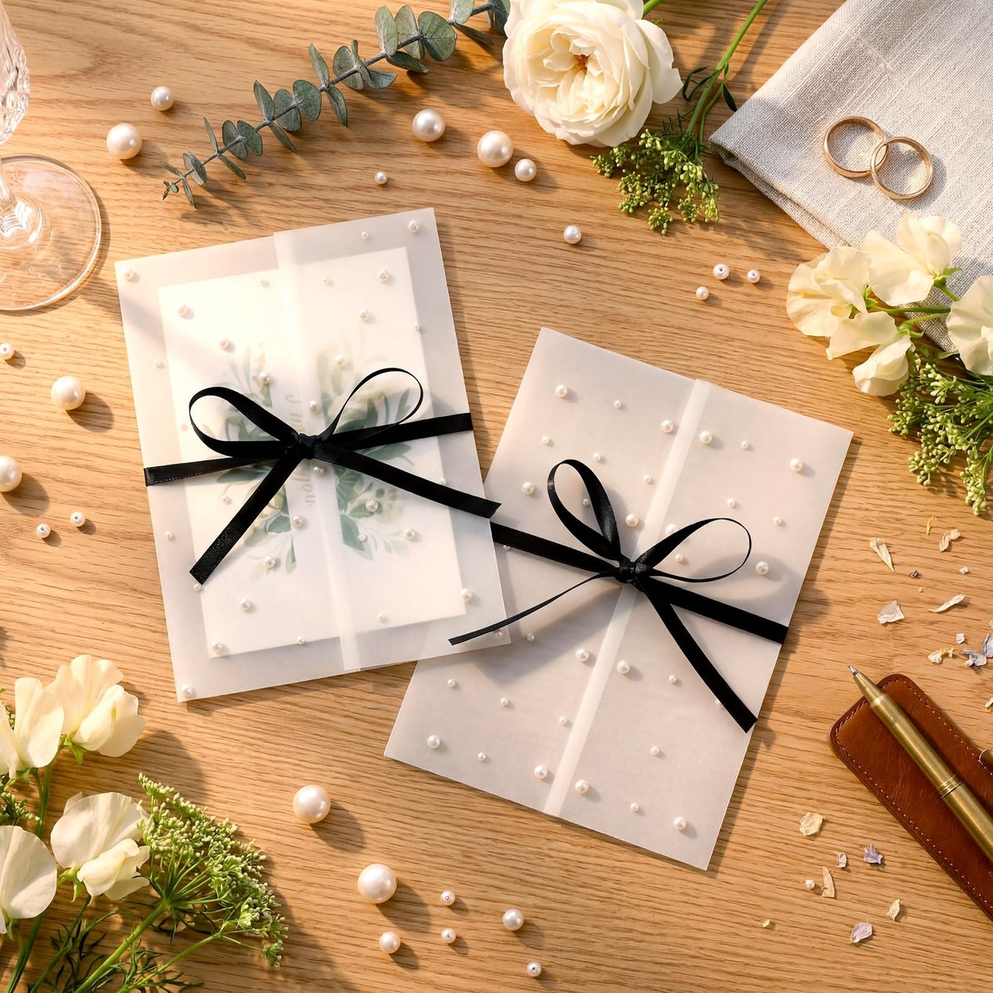 Faccito 100 Pcs Pre Folded Vellum Jackets for 5x7 Invitations Wedding Invitation Vellum Paper, Pearls Stickers, Ribbon, Tweezers, Envelope Tissue Paper Inserts for Wedding Birthday DIY Craft (Simple)