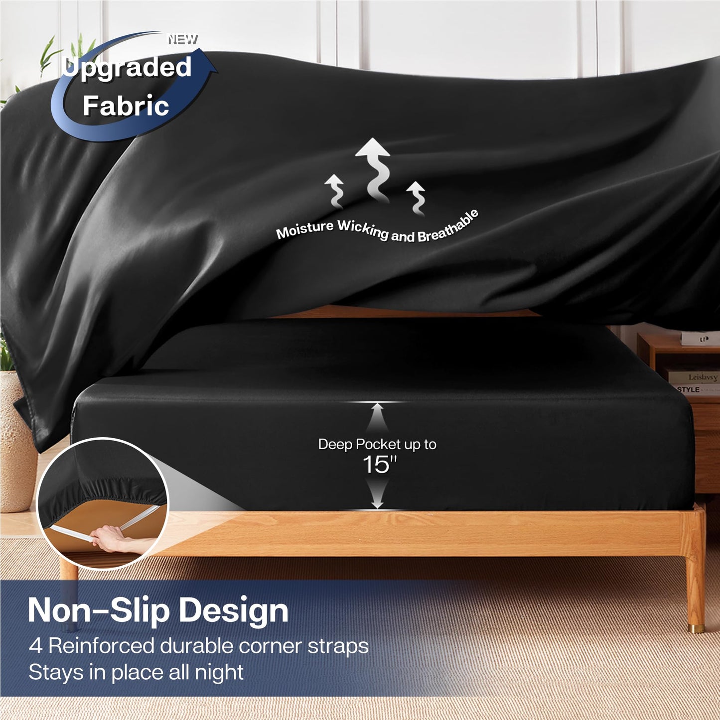 MR&HM Queen Sheet Set, 4-Piece Cooling Sheets, Rayon Derived from Bamboo & Polyester Blend, Soft & Silky, 15" Deep Pockets with Elastic Straps, Hotel Luxury for Hot Sleepers, Black
