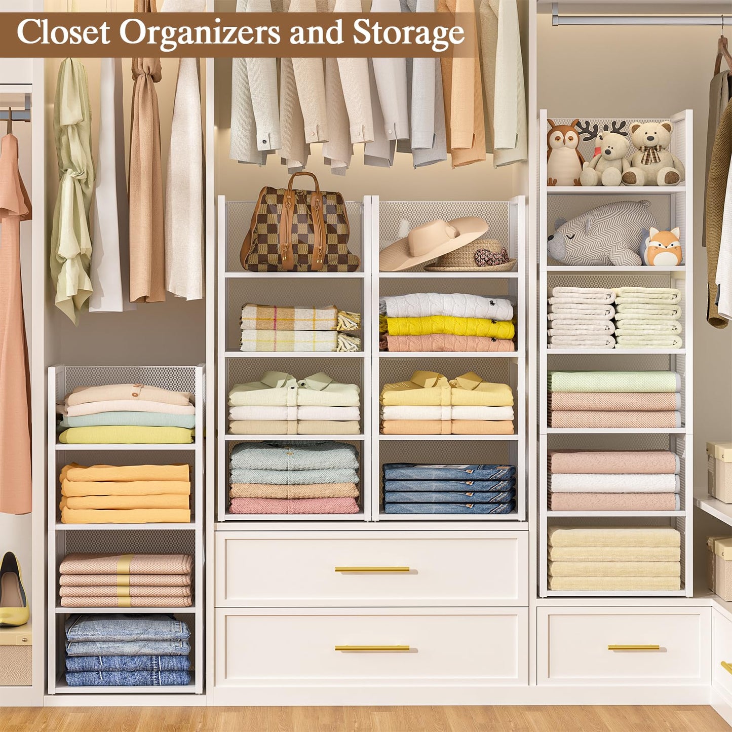 4-Tier Stackable Closet Organizers and Storage Basket, Wire Clothes Shelf Organizer Bins, Sweater Storage for Wardrobe Cupboard, Multifunctional Cube Storage Box for Kitchen Bath Laundry Room, White