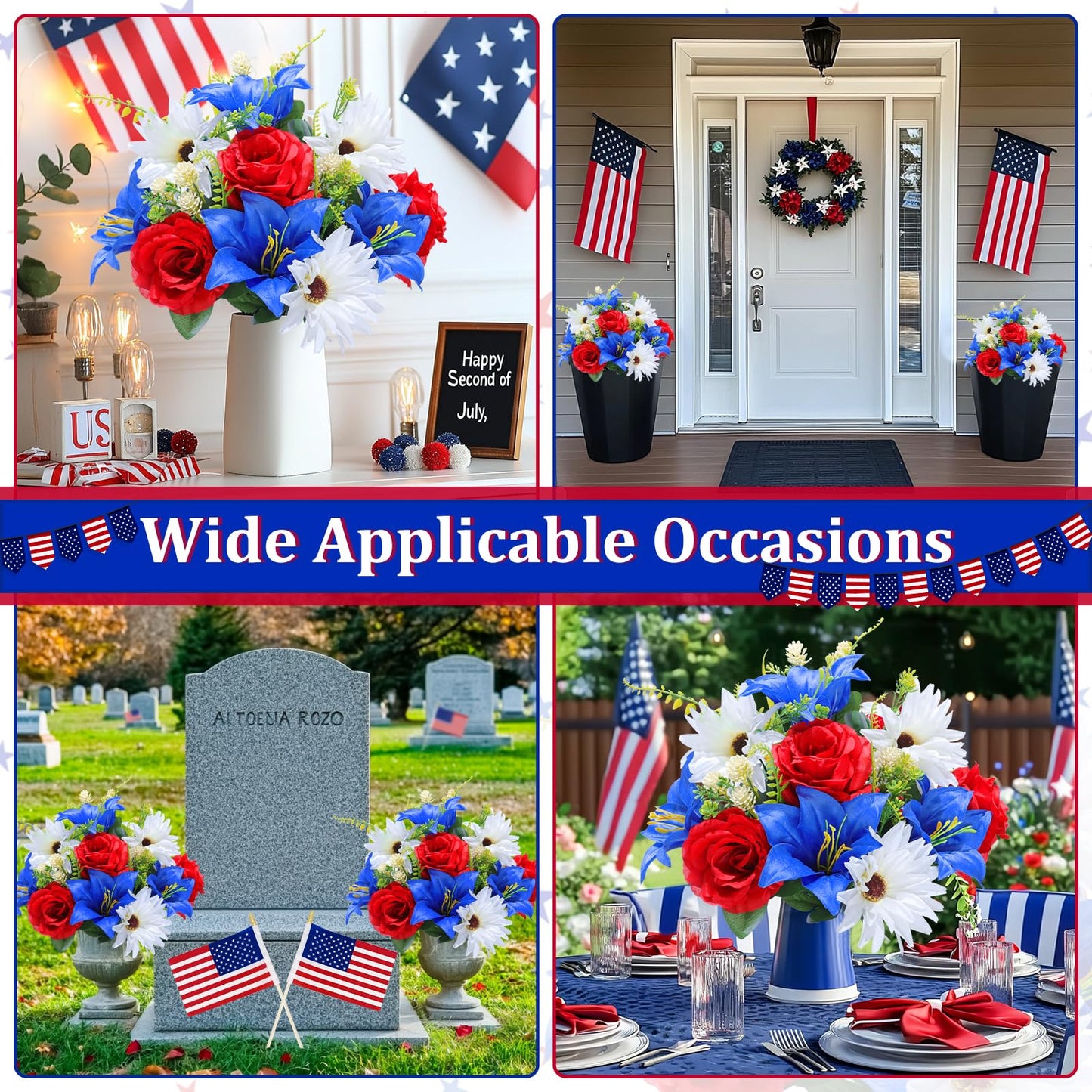 Large 20 Heads Artificial Red White and Blue Flowers Outdoor UV Resistant 2 Bouquets Patriotic Flowers Roses Sunflowers Lilies for 4th of July Decor Veterans Indoor Home USA 250th Anniversary