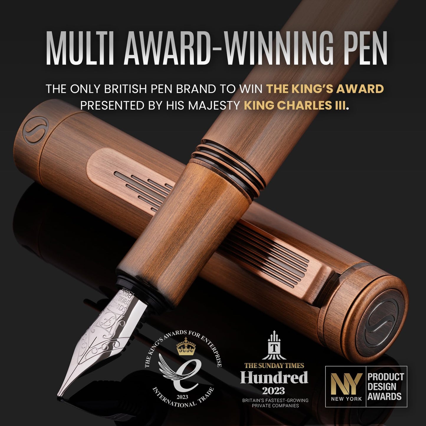 Scriveiner Luxury EDC Fountain Pen (Medium), Stunning Heavy Brass Pocket Pen, Hand Brushed Copper Finish, Schmidt German Nib Converter, Best Writing Pen Gift Set for Men Women, Nice Fancy Designer Pen