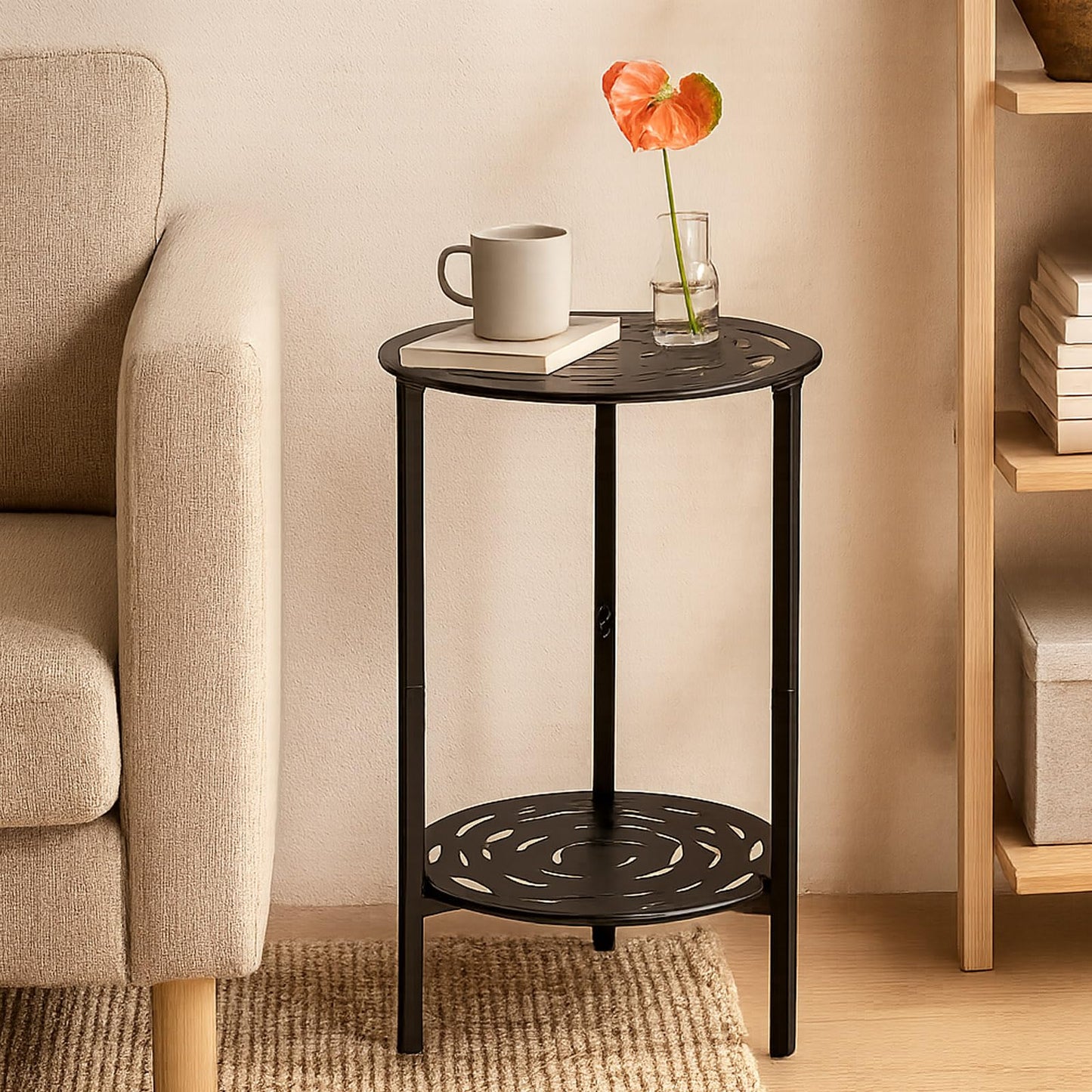 lucpur 2-Tier Metal Round Side Table Black Accent Coffee Tables Small Space Corner Plant Stand Shelf for Indoor Outdoor Use Patio Balcony End Table Laser-Cut Floral Pattern Weather-Resistant