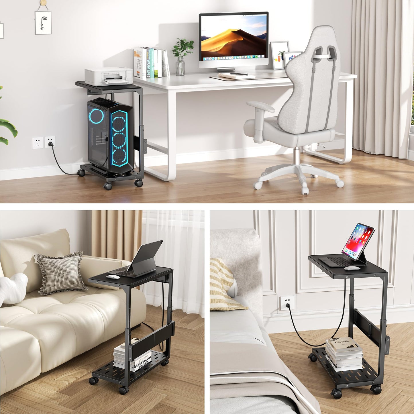 Aquzee PC Stand, Adjustable Computer Tower Stand on Wheels, Heavy Duty Metal Computer Case Cart with Power Strip, Under Desk Rolling PC Holder for Floor Carpet, Gaming Home Office Bedroom, Black