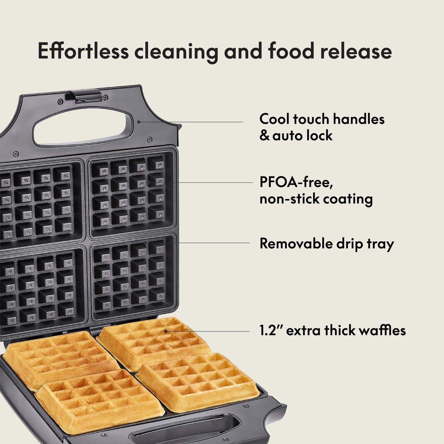 bella Waffle Iron - 4 Square Belgian Waffle Maker, Non-stick Extra Large Plates for Easy Cleanup - Compact Design, Stainless Steel, Black, 1400W