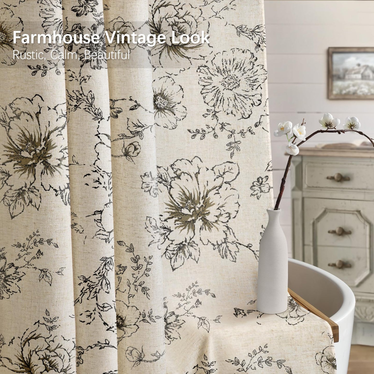 NDDYCU Farmhouse Floral Vintage Shower Curtain, Black Linen Spring Pattern Shower Curtains for Bathroom, Tan Taupe,72x72