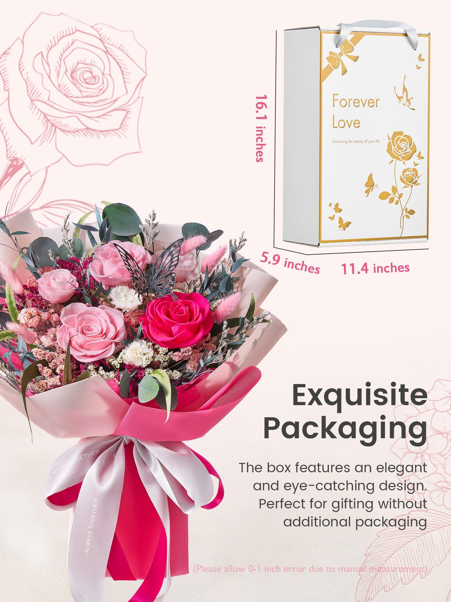 Polylove Flowers for Delivery Prime Forever Flowers Bouquet Preserved Roses Bouquet Flower Gift for Women Wife Mother Day Graduation Birthday (Hot Pink, Medium)