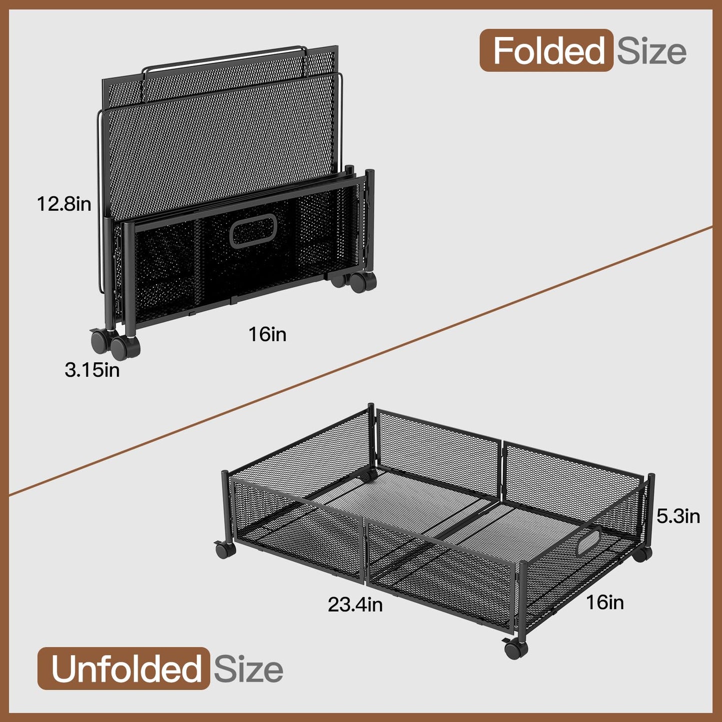 Gawerk Under Bed Storage with Wheels, Foldable Metal Mesh Underbed Storage Container Bins, Tool-free Assembly Clothes Drawer Organizer,2Pack