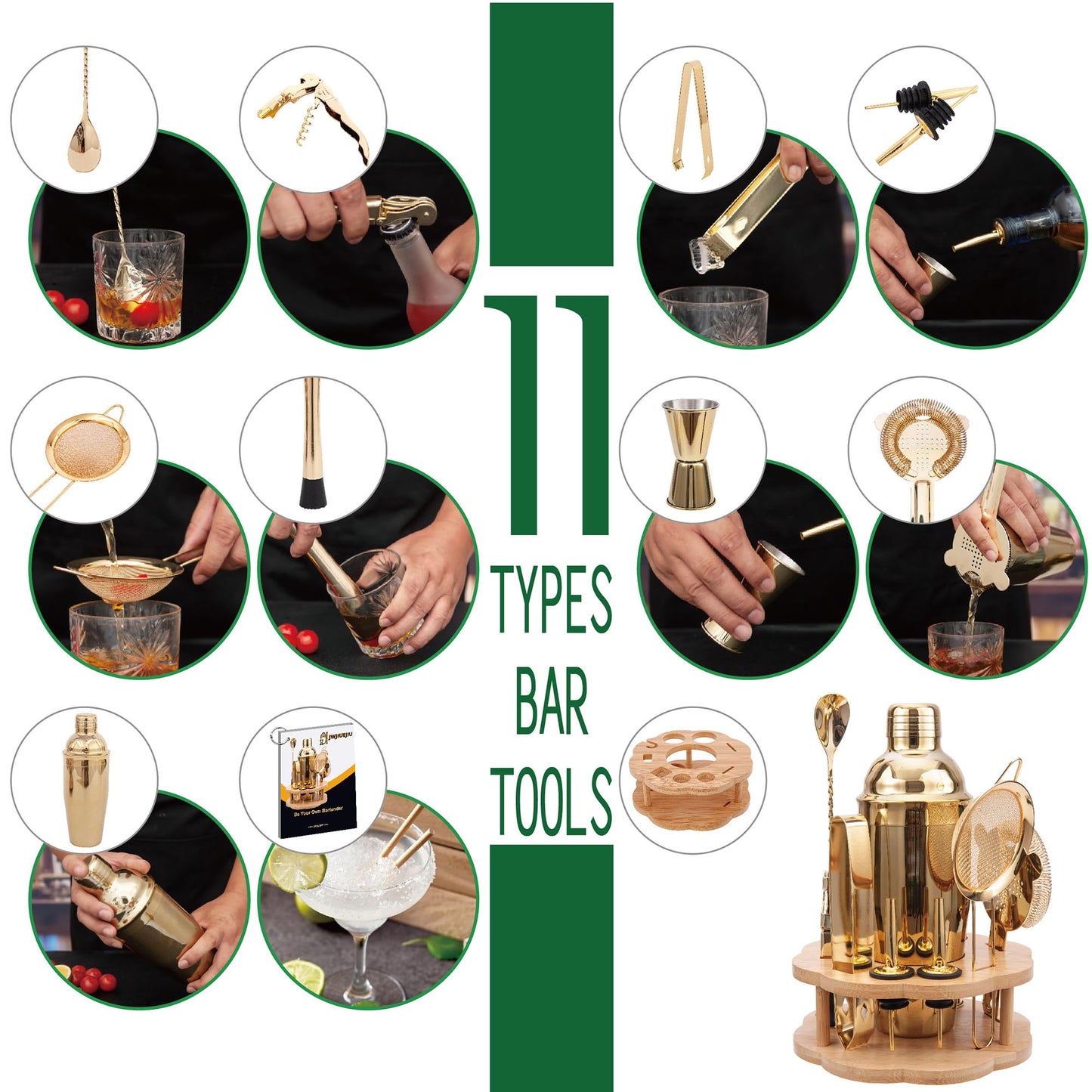 JWJIUEJIU Cocktail Shaker Set Bartender Kit with Rotatble Bamboo Stand,11 Piece Bar Set Stainless Steel Bar Accessories for Drink Mixing, Bar, Home, Party (Gold)