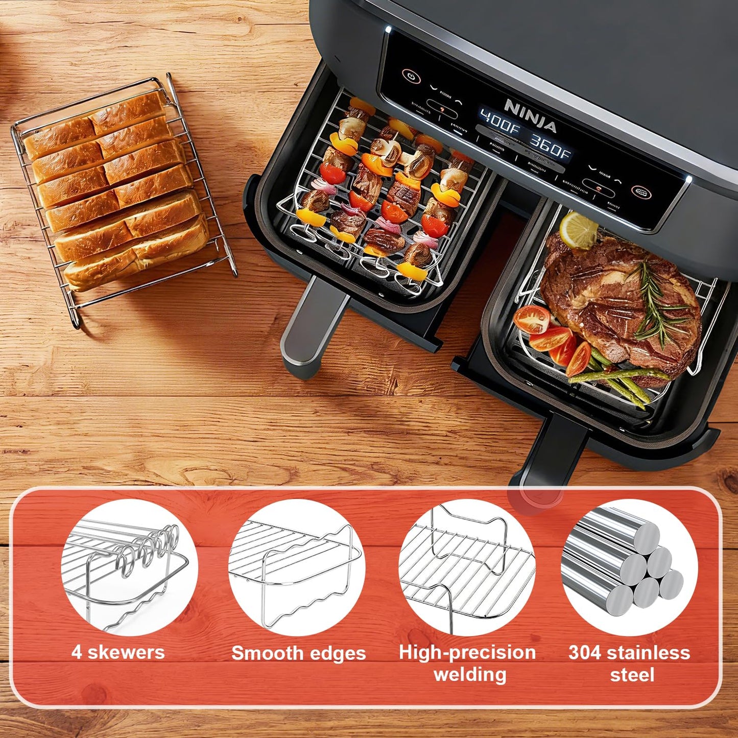 Dual Air Fryer Accessories, Reusable Compatible for Ninja Foodi DZ201, DZ401, DZ550, DZ302, COSORI 9QT, Chefman, Instant, and 6-in-1 8-10QT Dual Basket Air Fryersr,Silicone Liner, Grill