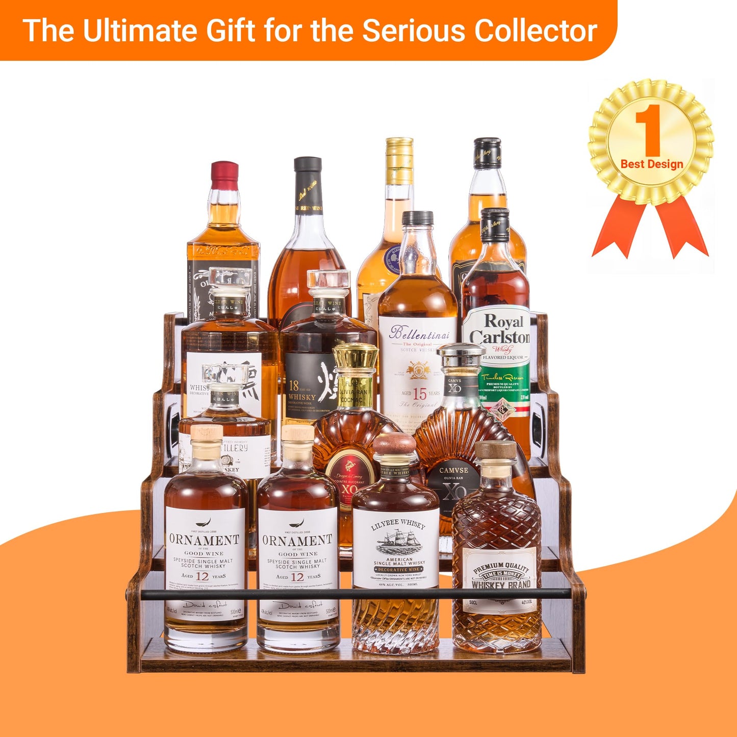 YQBRAO 4-Tier Tiered Liquor Bottle Display Shelf - 16-Inch Rustic Wood Liquor Rack & Coffee Syrup Organizer - Heavy-Duty Countertop Spice Rack with Guardrails & Handles for Bar, Kitchen, Office